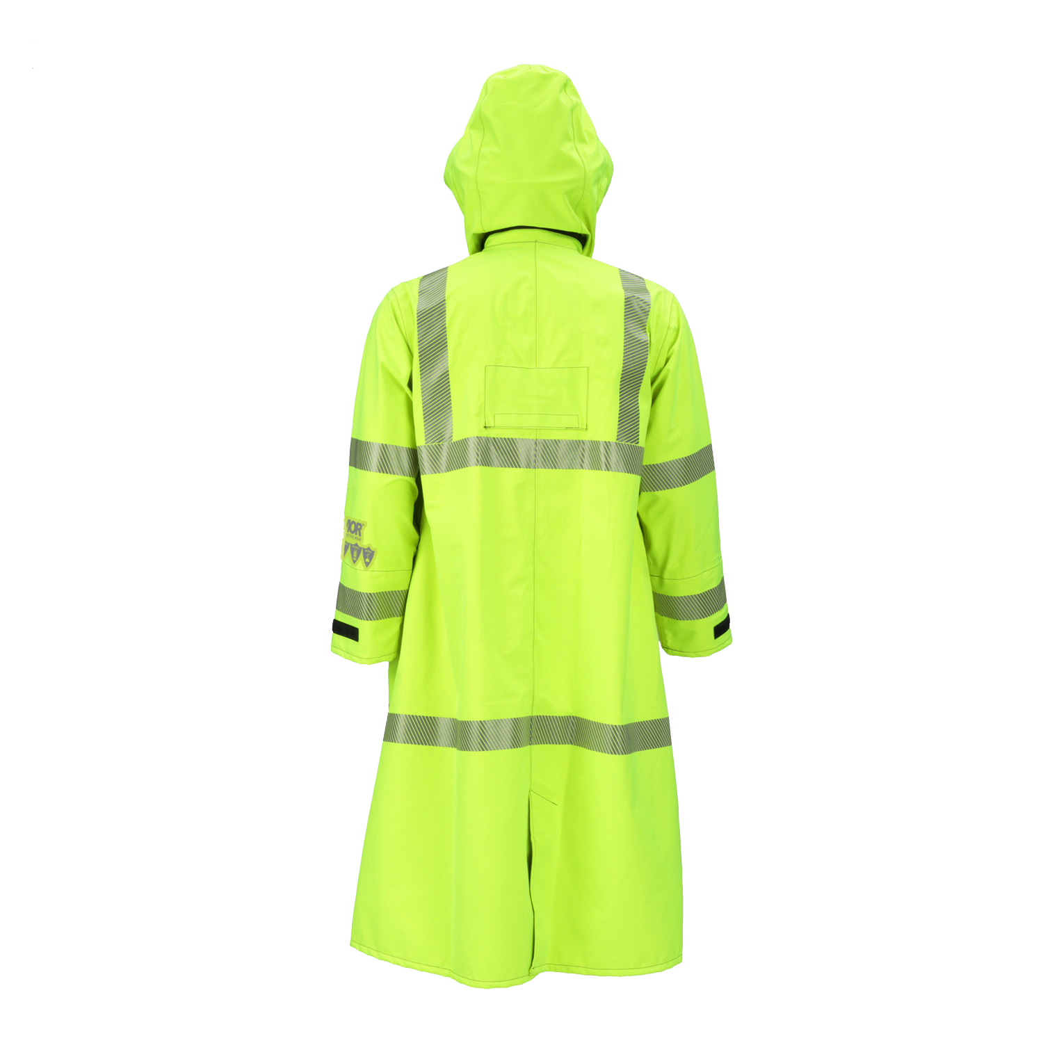 The Lac-Mac Limited 707FDAC Duster Coat is high-visibility yellow with reflective silver stripes, hood, and long sleeves; made from flame-resistant GORE-TEX PYRAD for protection. FR/ARC rated with US markings.
