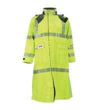 The Lac-Mac Duster Coat, High-Visibility FR/ARC Rated (707FDAC), features yellow fabric with reflective stripes, black shoulder detailing, front pockets, and US markings, displayed on a plain background.
