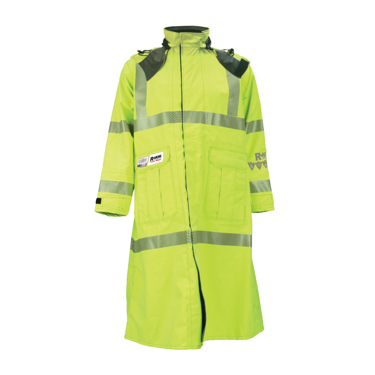The Lac-Mac Duster Coat, High-Visibility FR/ARC Rated (707FDAC), features yellow fabric with reflective stripes, black shoulder detailing, front pockets, and US markings, displayed on a plain background.