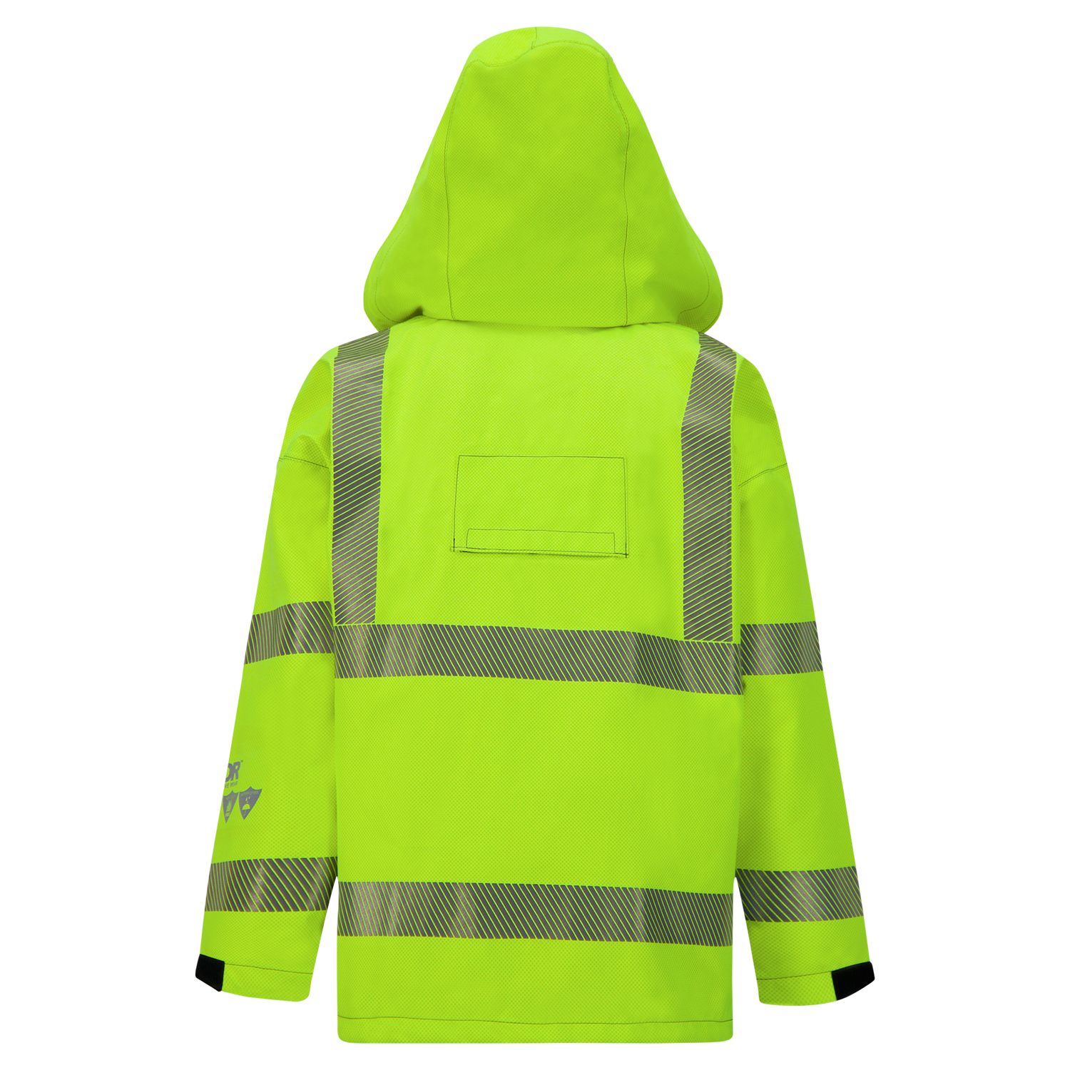 A Jacket, High-Visibility, FR/ARC Rated, SAFE-T™ Style, US Markings, Regular, 707FEAH with silver reflective stripes on the back and a hood. The jacket is made from durable GORE-TEX PYRAD fabric and is fluorescent yellow-green, ensuring you stand out in low-light conditions.