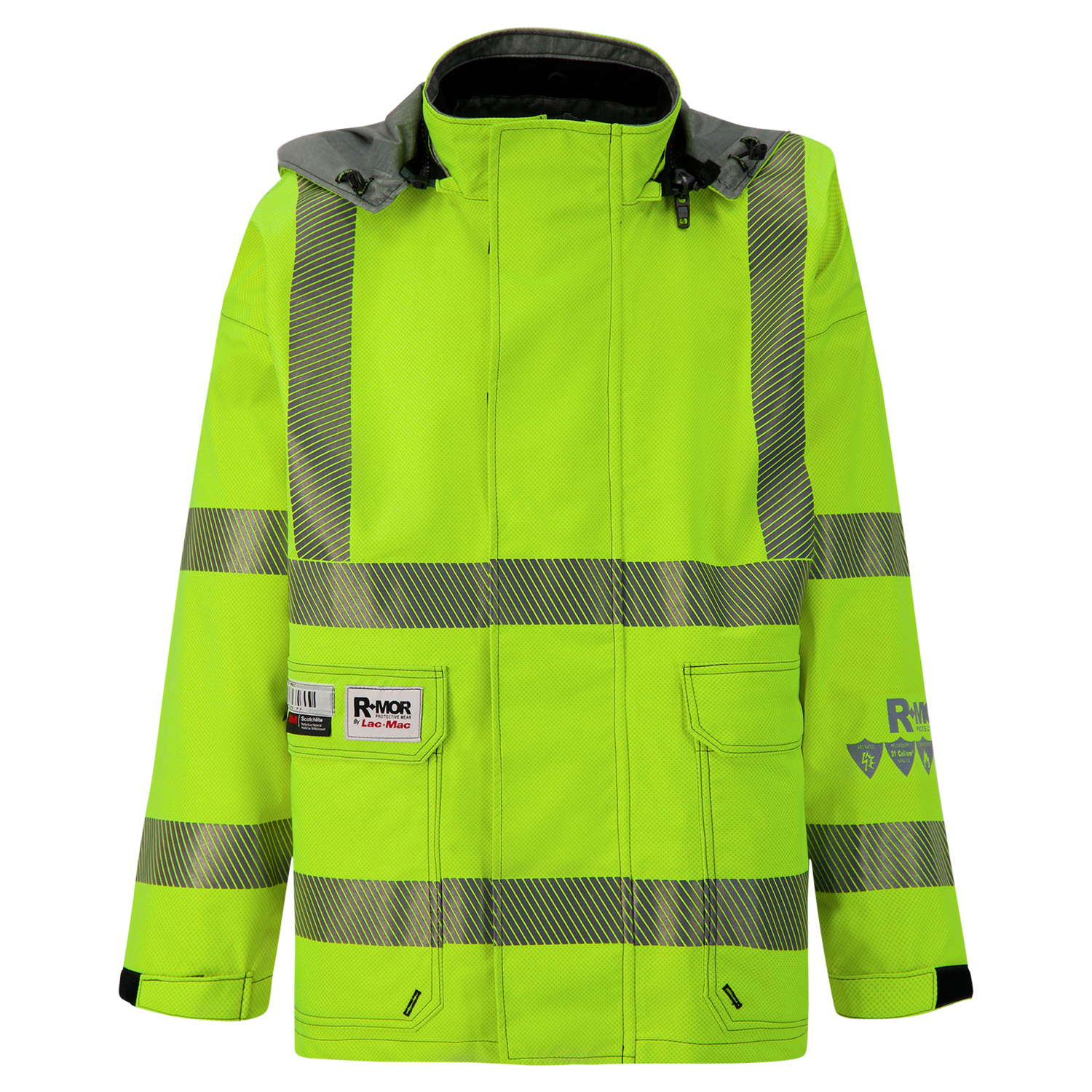 A high-visibility yellow jacket with reflective stripes, a hood, and multiple pockets. This Jacket, High-Visibility, FR/ARC Rated, SAFE-T™ Style, US Markings, Regular, 707FEAH ensures maximum safety. The "Lac-Mac, Limited" label is prominently displayed on the left chest.