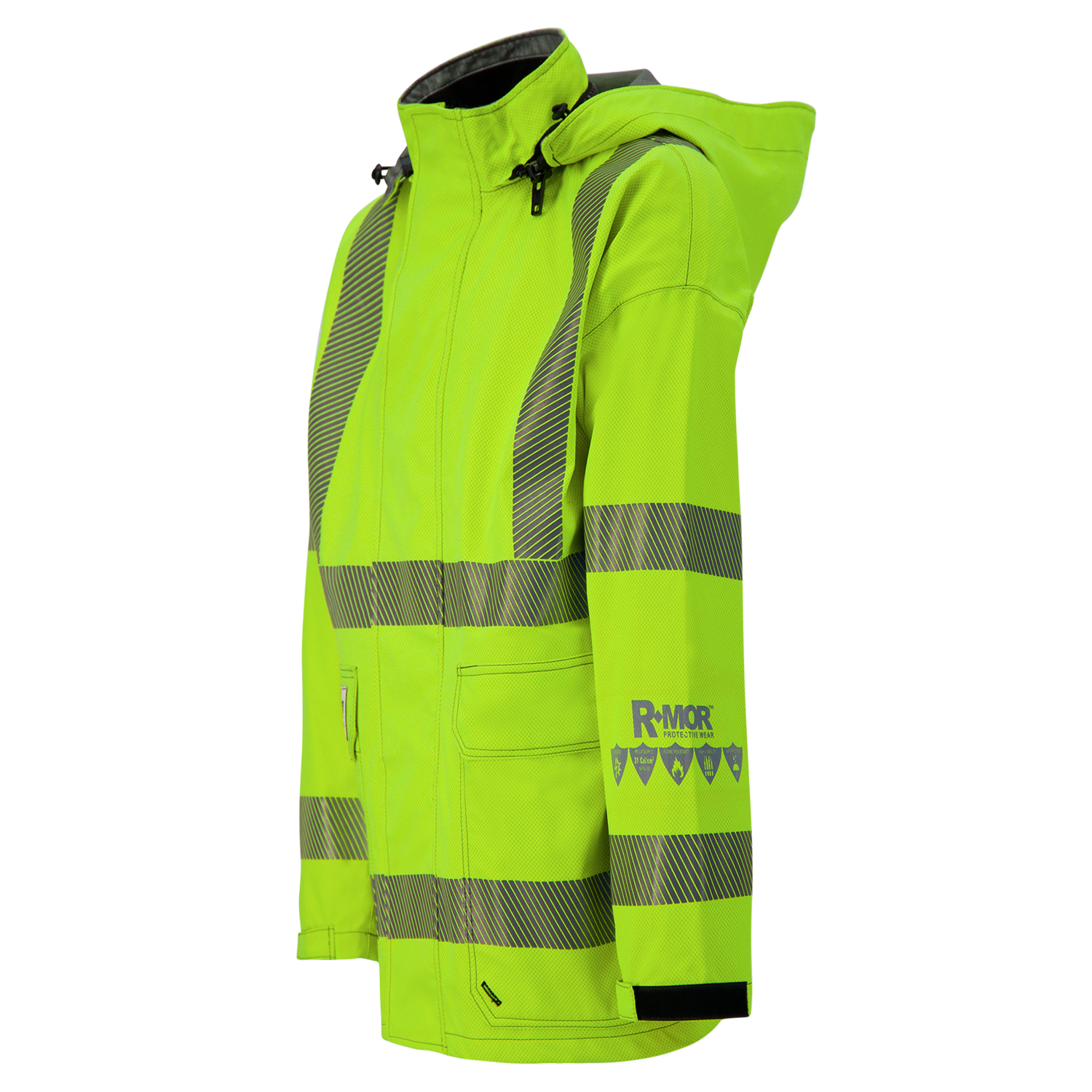 A Lac-Mac, Limited Jacket, High-Visibility, FR/ARC Rated, SAFE-T™ Style, US Markings, Regular, 707FEAH with reflective gray stripes, a hood, two front pockets, and the word "RMOR" printed on the left sleeve. This FR ARC-Flash Rated gear ensures safety and meets PPE Category 3 standards for ultimate protection.