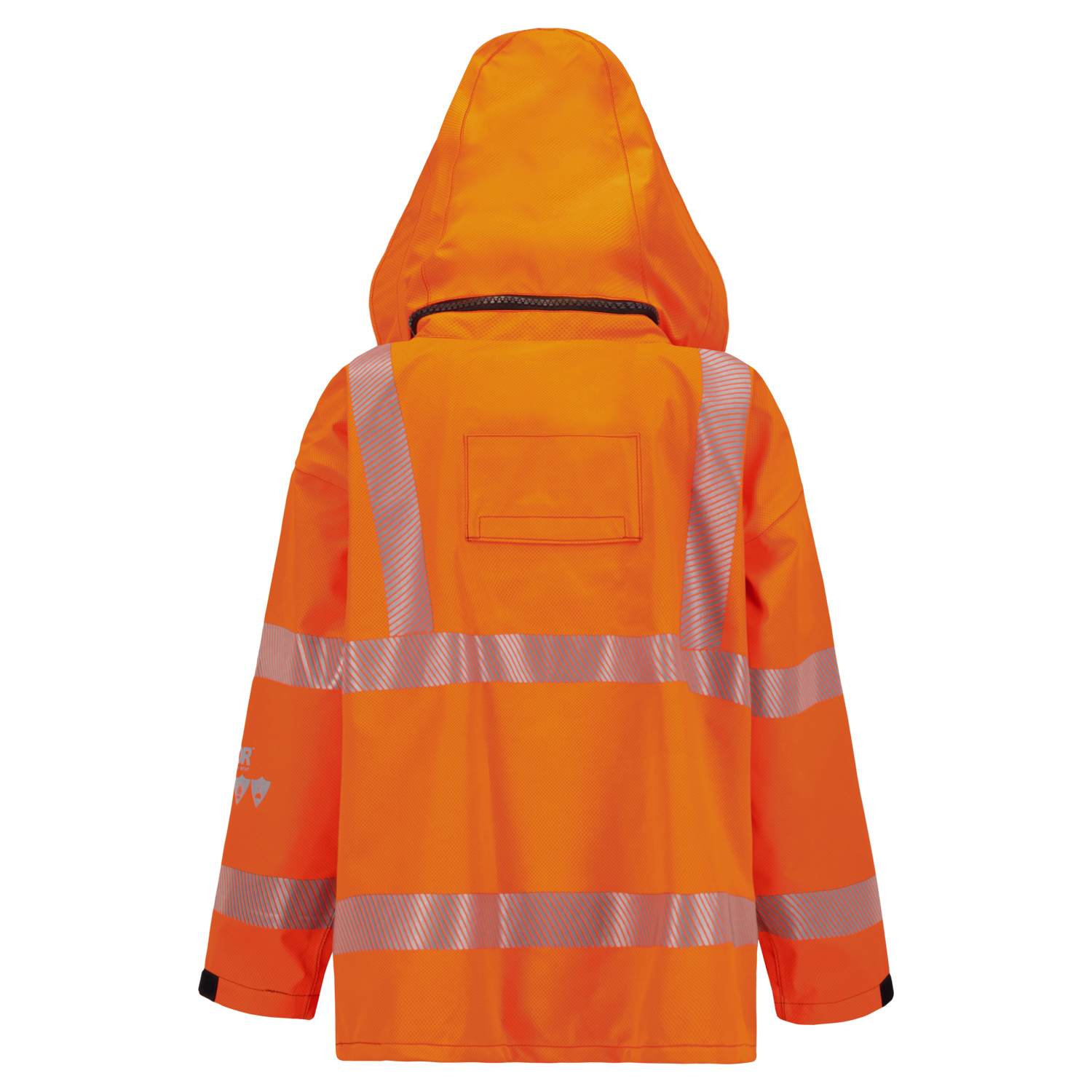 The Lac-Mac Limited SAFE-T™ Style 707FEDA is a lighter weight, high-visibility orange jacket with FR/ARC rating, hood, US markings, reflective silver stripes, and a rectangular back flap, shown from the rear.