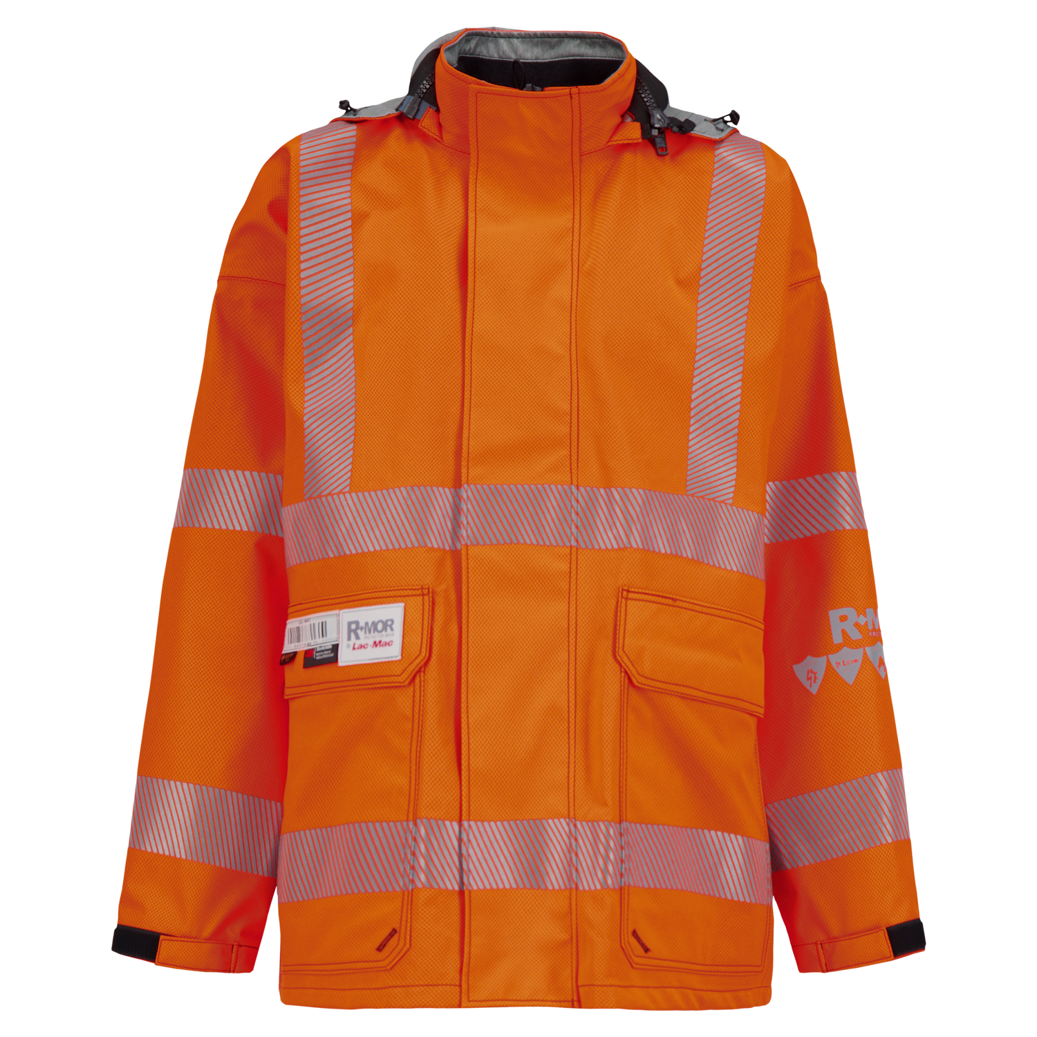 An orange high-visibility safety jacket with reflective stripes. The Jacket, High-Visibility, FR/ARC Rated, SAFE-T™ Style, US Markings, Regular, 707FEAH by Lac-Mac, Limited crafted from durable GORE-TEX PYRAD fabric features multiple pockets, a zipper front closure, and a name tag holder on the left side.