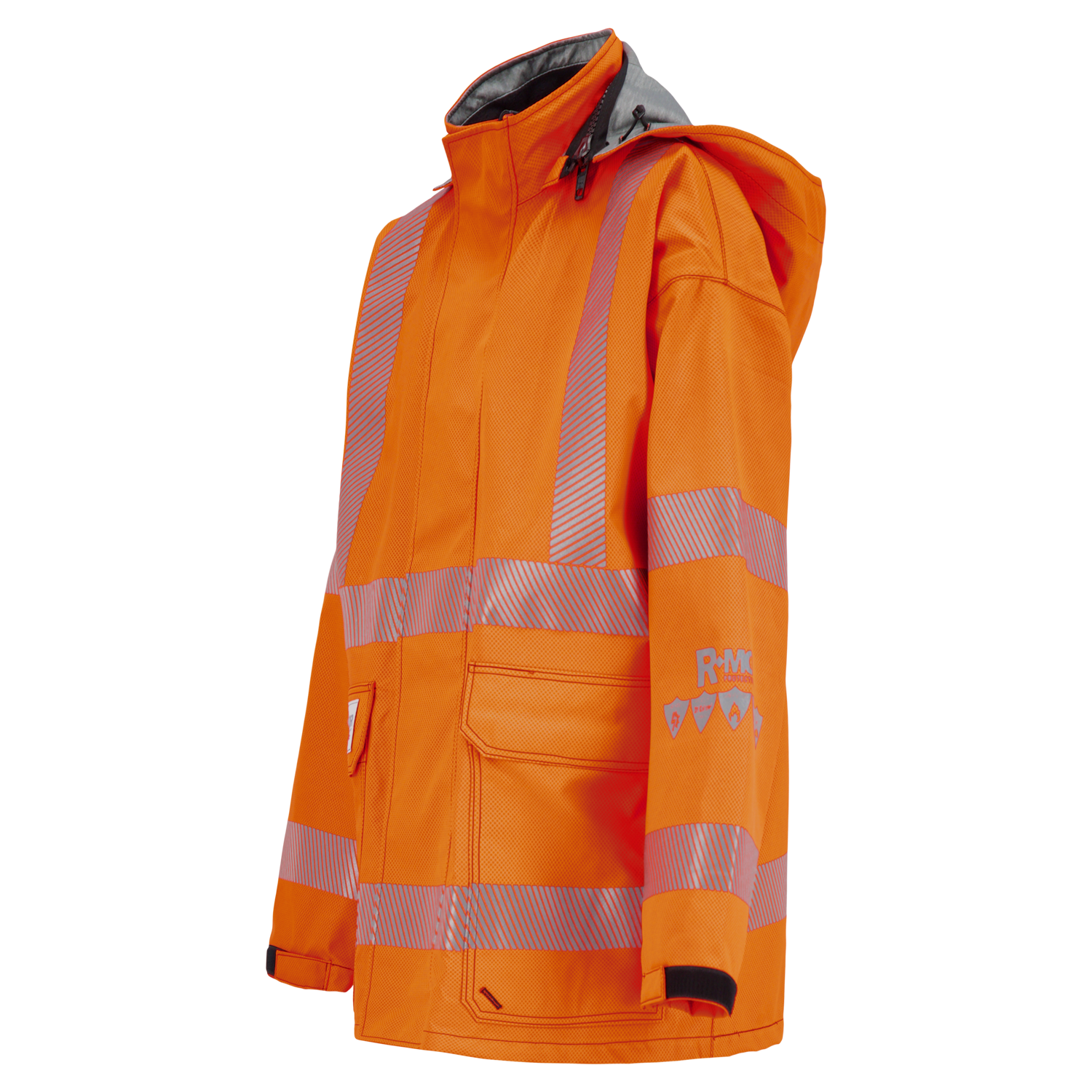The Lac-Mac Jacket, Lighter Weight, High-Visibility, FR/ARC Rated, SAFE-T™ Style (707FEDA) features bright orange color, reflective stripes, hood, front pockets, sleeve US markings, and GORE-TEX PYRAD technology for advanced protection.