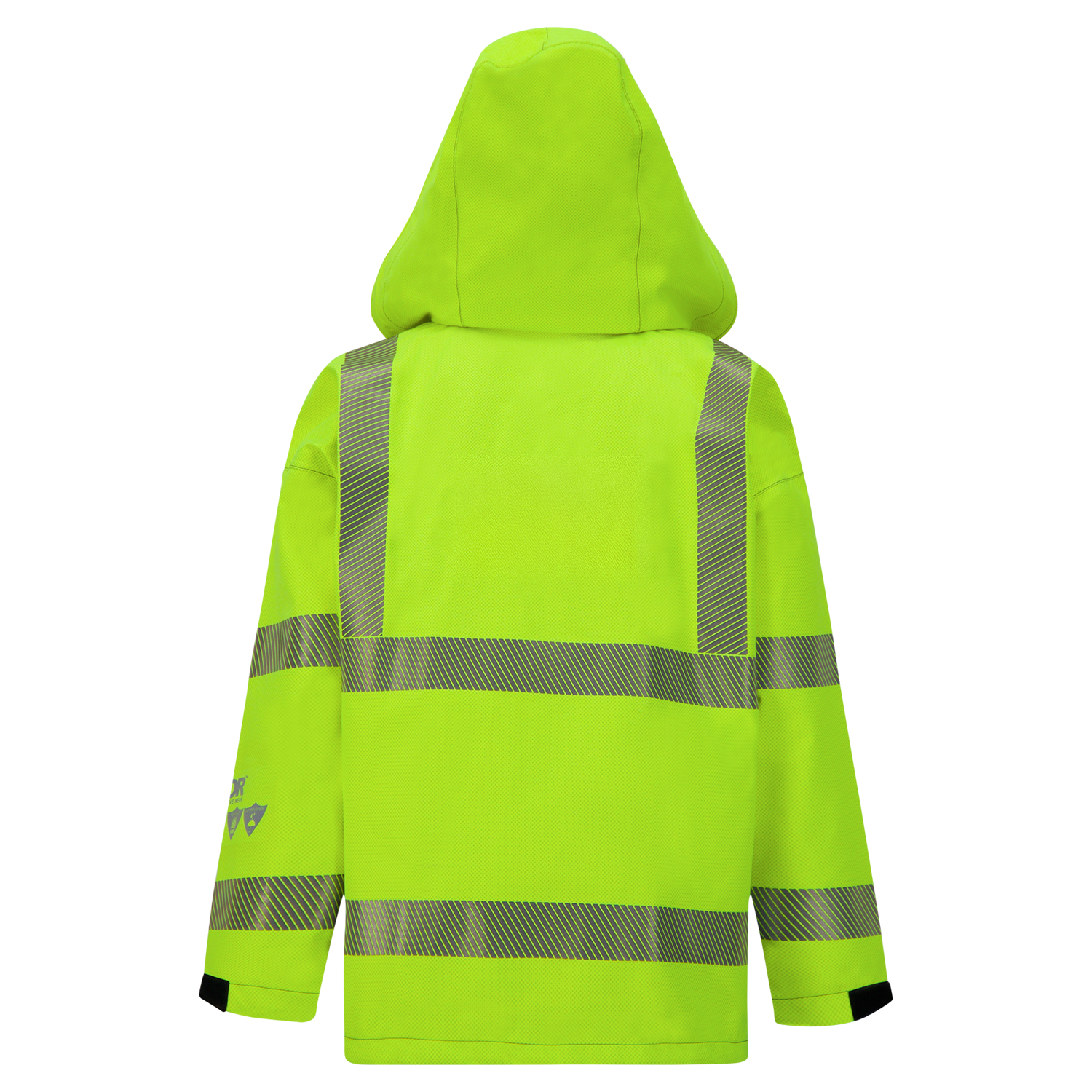 The Lac-Mac Limited SAFE-T™ 707FEBF Jacket is a lighter weight, high-visibility FR/ARC rated jacket in neon yellow with reflective stripes, black cuffs, hood, and US markings—crafted from flame-resistant GORE-TEX PYRAD material.