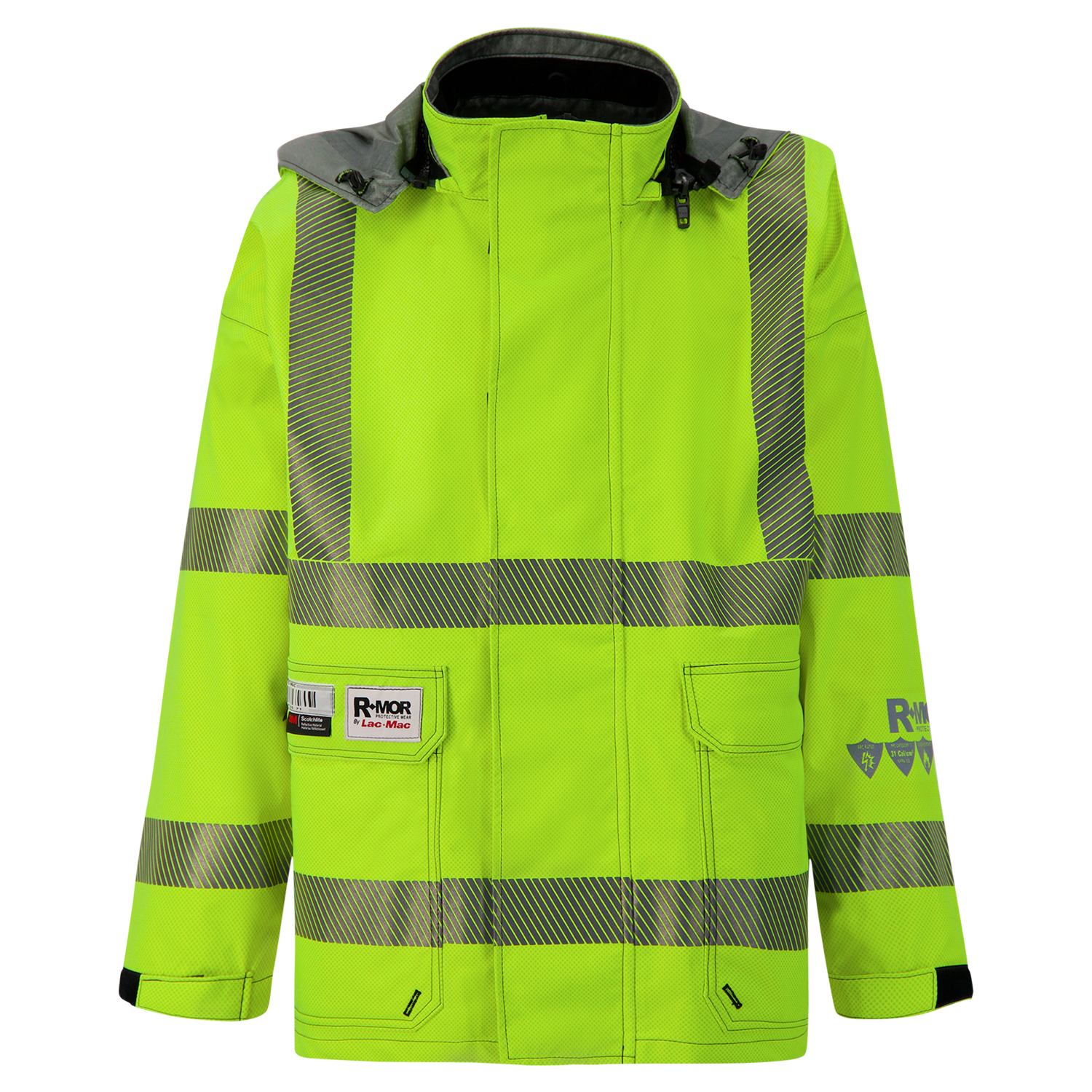 The Lac-Mac SAFE-T™ 707FEBF is a lightweight, high-visibility neon yellow jacket with reflective stripes, front zipper, hood, and multiple pockets; made with FR/ARC-rated GORE-TEX PYRAD fabric for superior weather protection and durability.