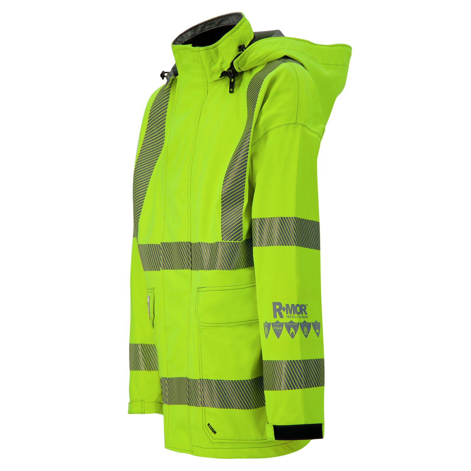 The Lac-Mac SAFE-T™ 707FEBF lighter weight high-visibility FR/ARC jacket features reflective gray stripes, front pockets, a hood, US markings, and "R-MOR" logo on the sleeve.