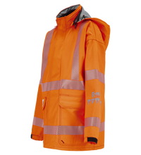 The Lac-Mac SAFE-T™ Style Jacket, 707FEBF, is a lighter-weight, high-visibility FR/ARC-rated work jacket with US markings and front pockets, shown in orange with silver stripes and an RMK logo on the sleeve against a white background.