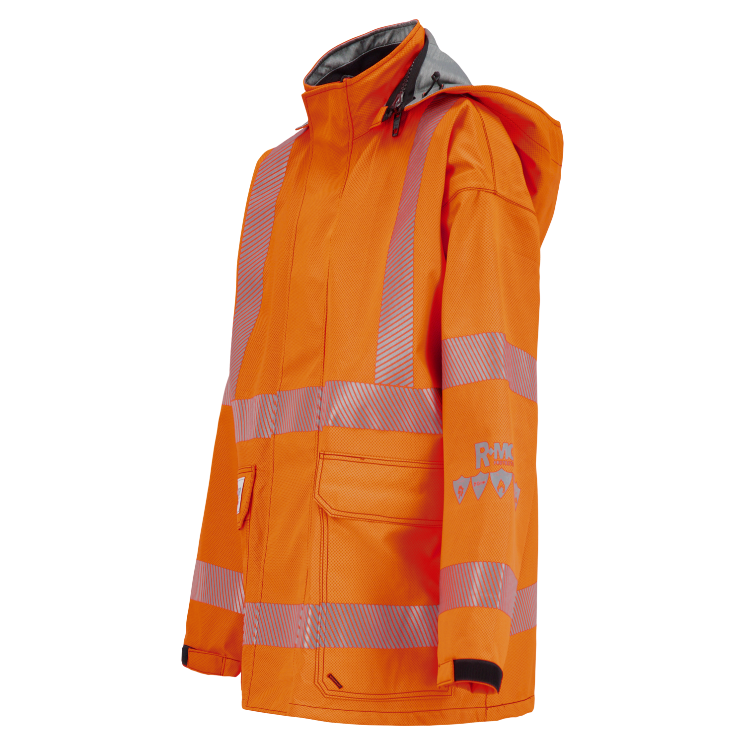 The Lac-Mac SAFE-T™ Style Jacket, 707FEBF, is a lighter-weight, high-visibility FR/ARC-rated work jacket with US markings and front pockets, shown in orange with silver stripes and an RMK logo on the sleeve against a white background.