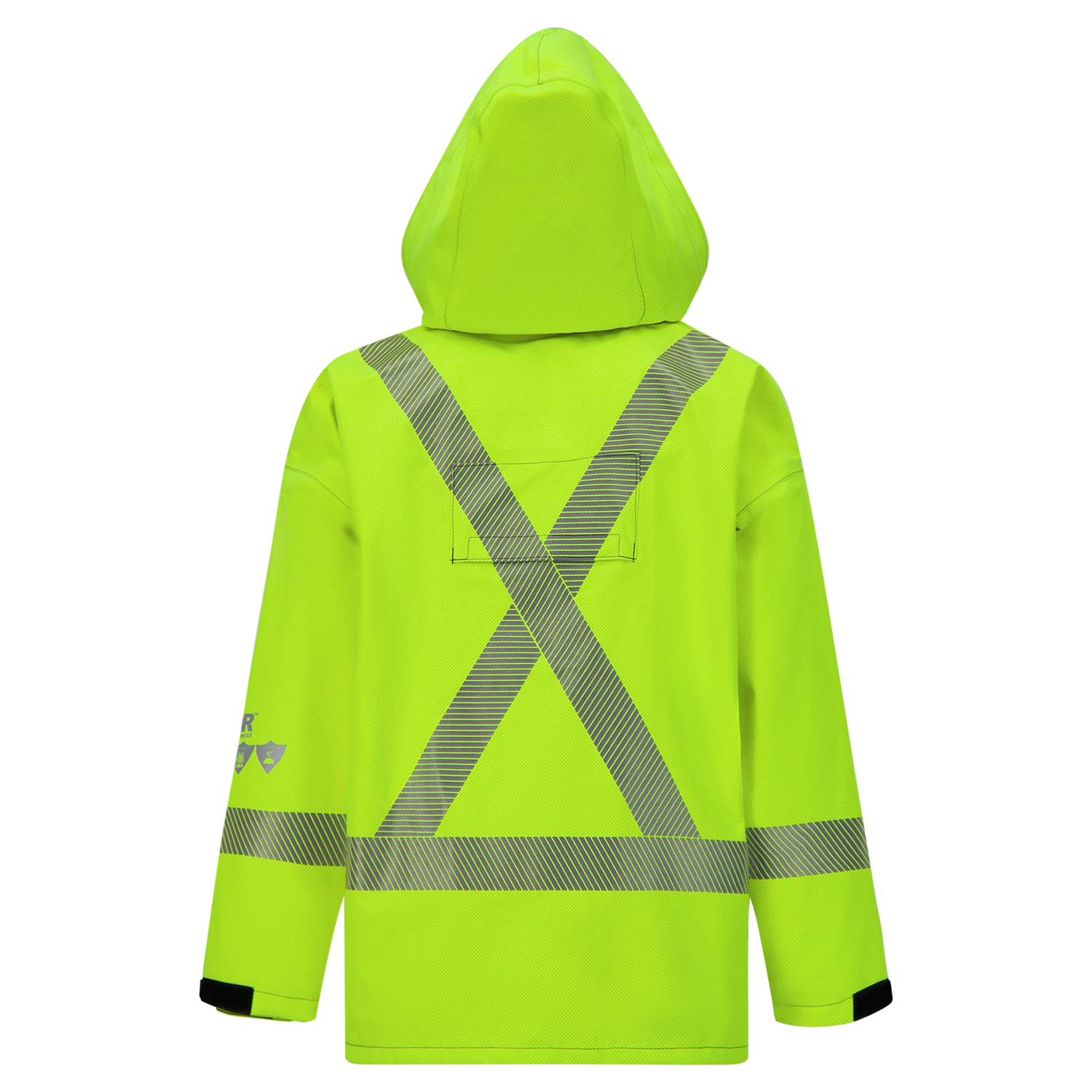 A high-visibility yellow jacket made with GORE-TEX PYRAD technology features reflective stripes in an X shape on the back and arms, complete with a hood. This ARC-Flash rated design ensures safety and durability, shown from the rear. The Lac-Mac, Limited Jacket, High-Visibility, FR/ARC Rated, SAFE-T™ Style, Canadian Markings, Regular, 707FECA delivers superior protection for tough environments.