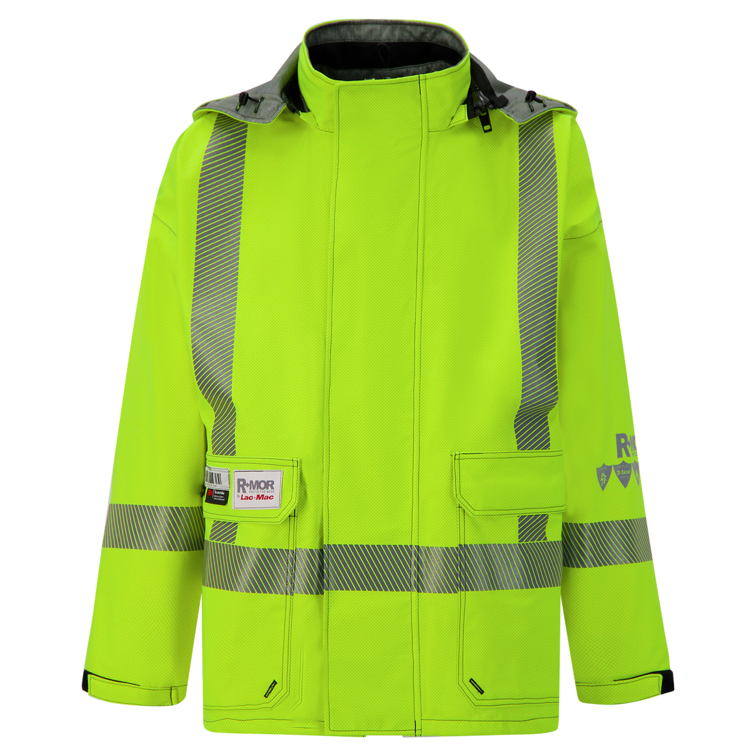 A high-visibility yellow safety jacket with reflective stripes, multiple pockets, and a hood, featuring GORE-TEX PYRAD technology for enhanced durability, is the Lac-Mac, Limited Jacket, High-Visibility, FR/ARC Rated, SAFE-T™ Style, Canadian Markings, Regular, 707FECA.