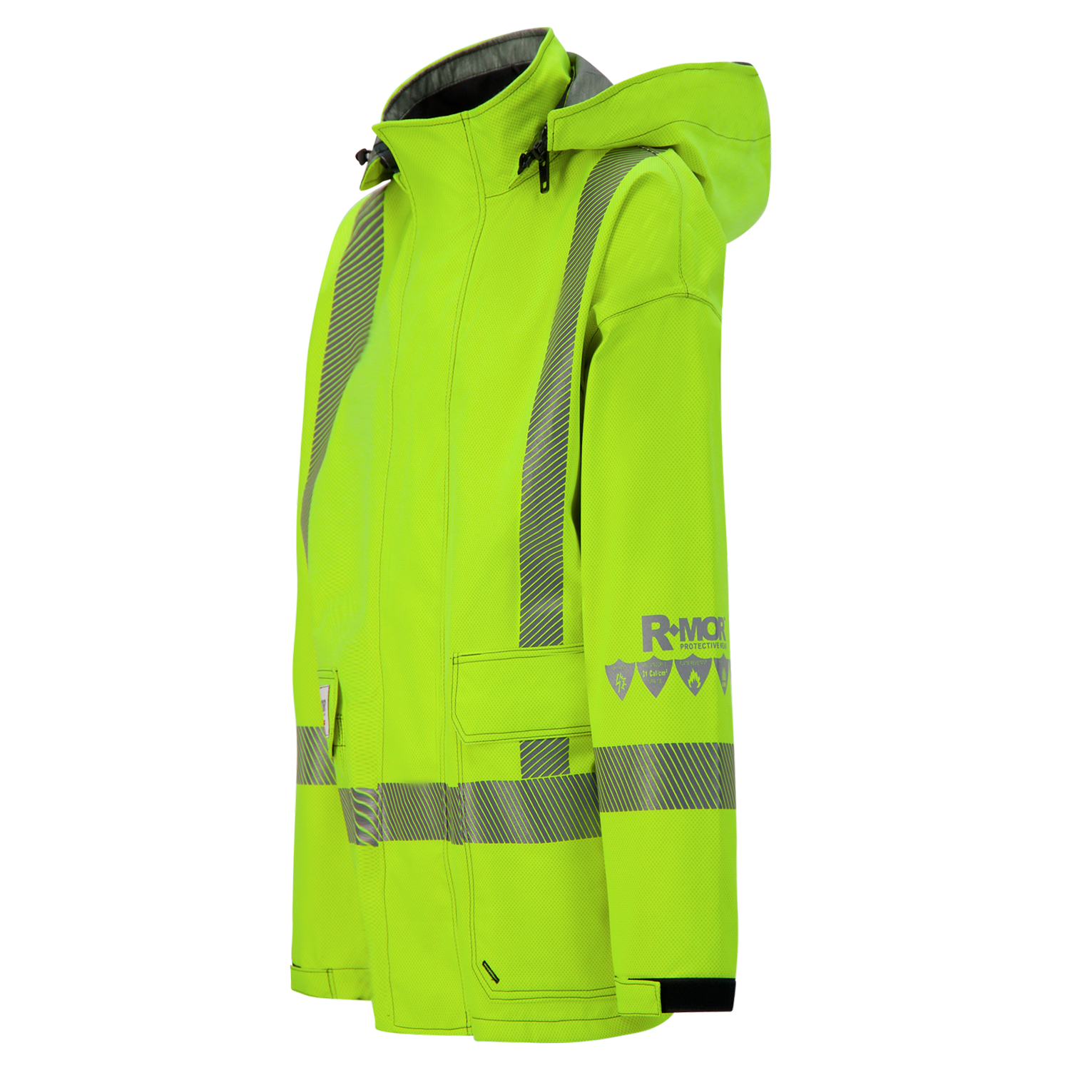 A high-visibility yellow jacket with reflective stripes, a hood, and multiple pockets, displaying the "R-MOR" logo on the sleeve. This Lac-Mac, Limited Jacket, High-Visibility, FR/ARC Rated, SAFE-T™ Style, Canadian Markings, Regular, 707FECA offers both style and protection.