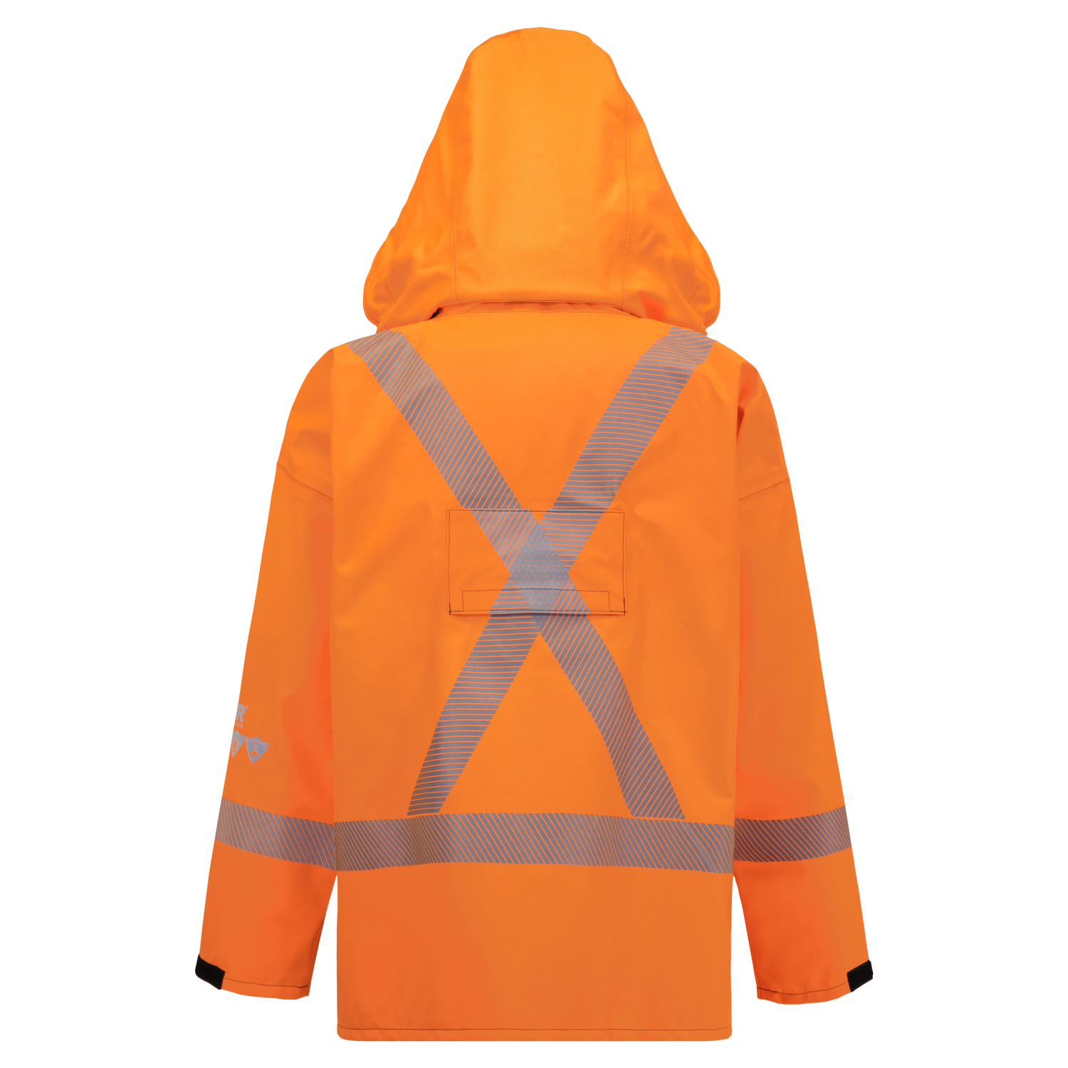 Back view of a Lac-Mac, Limited Jacket, High-Visibility, FR/ARC Rated, SAFE-T™ Style, Canadian Markings, Regular, 707FECA made from FR Arc-Flash Rated GORE-TEX PYRAD Fabric, with reflective stripes forming an 'X' shape on the back, a built-in hood, and black cuffs.