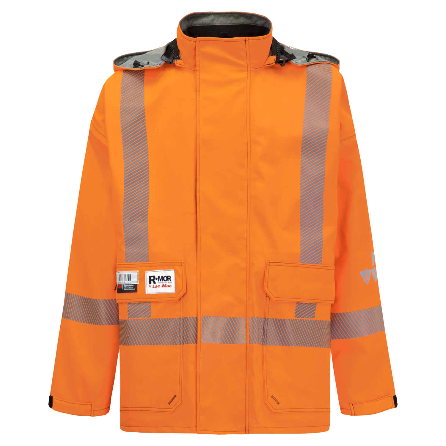 A high-visibility orange jacket with reflective strips, a collar, and several pockets. Made from GORE-TEX PYRAD fabric, it ensures durability and protection. The tag reads "Jacket, High-Visibility, FR/ARC Rated, SAFE-T™ Style, Canadian Markings, Regular, 707FECA" and includes additional labeling by Lac-Mac, Limited.