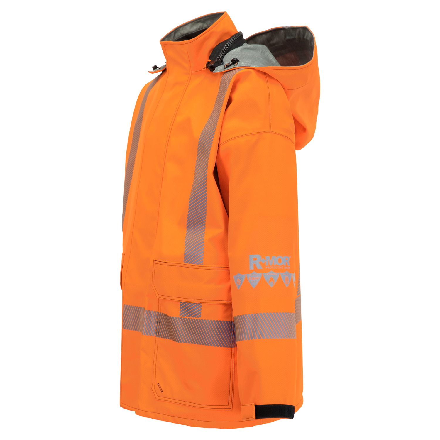 Lac-Mac, Limited Jacket, High-Visibility, FR/ARC Rated, SAFE-T™ Style, Canadian Markings, Regular, 707FECA made from GORE-TEX PYRAD Fabric with reflective stripes, a hood, and the text "R-MOR" on the left sleeve. The jacket is displayed against a white background.