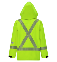 The Lac-Mac SAFE-T™ 707FECC lighter-weight high-visibility FR/ARC rated jacket in neon yellow, CSA Z96 compliant with silver reflective X and stripes on the back, is shown against a plain white background.