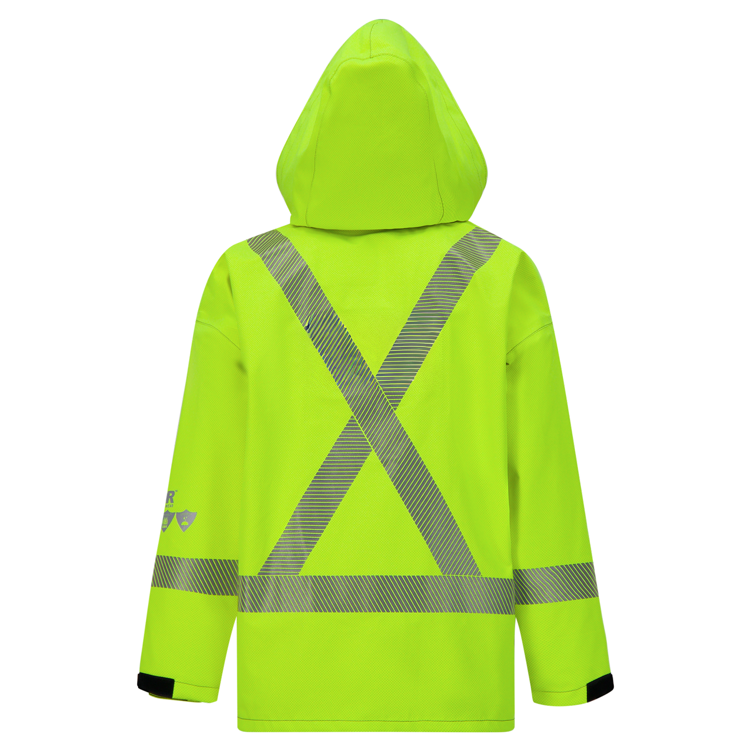 The Lac-Mac SAFE-T™ 707FECC lighter-weight high-visibility FR/ARC rated jacket in neon yellow, CSA Z96 compliant with silver reflective X and stripes on the back, is shown against a plain white background.