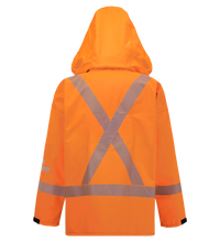 The Lac-Mac SAFE-T™ Style 707FECC jacket is a lighter weight, high-visibility FR/ARC-rated hooded jacket with CSA Z96-compliant reflective X-stripes on the back and Canadian markings, shown against a plain background.
