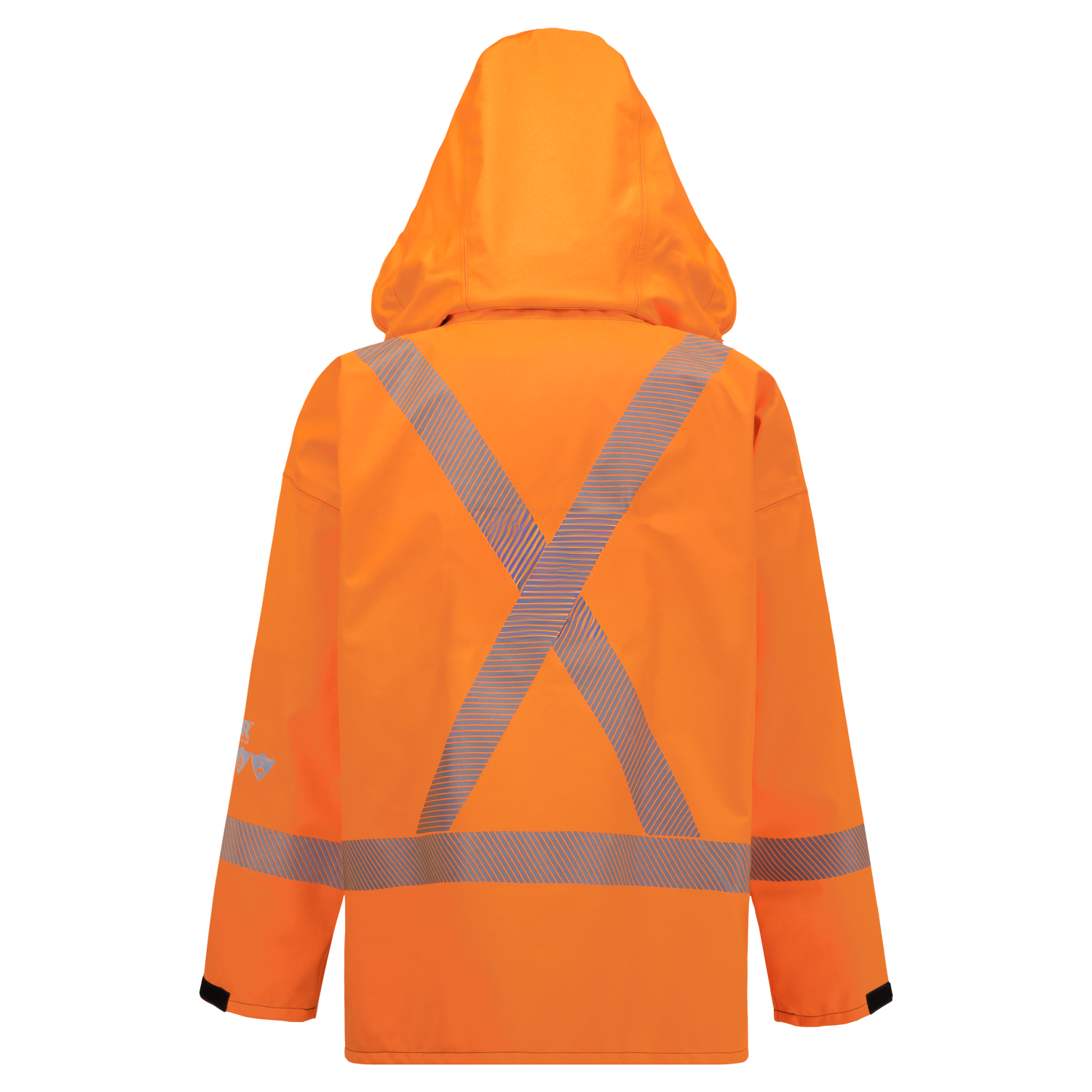 The Lac-Mac SAFE-T™ Style 707FECC jacket is a lighter weight, high-visibility FR/ARC-rated hooded jacket with CSA Z96-compliant reflective X-stripes on the back and Canadian markings, shown against a plain background.