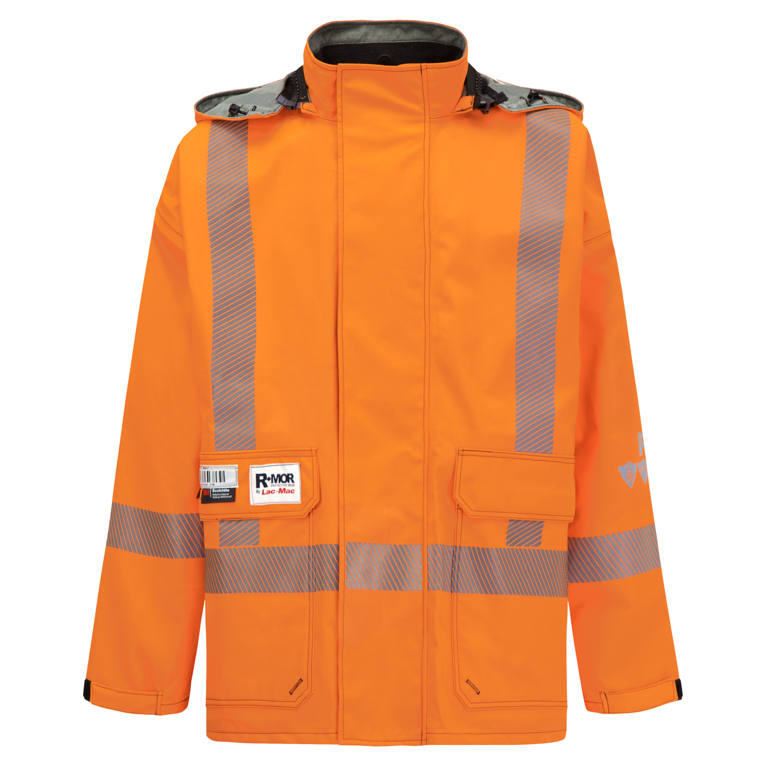 The Lac-Mac Women's SAFE-T™ 707FEWAF Lighter Weight High-Visibility FR/ARC Rated Jacket features gray reflective stripes, front pockets, and a barcode label—ideal protective wear.