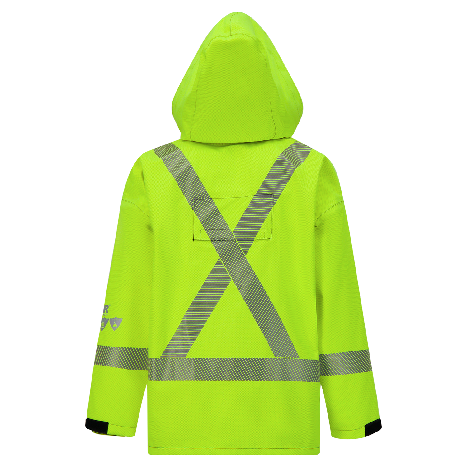 The Lac-Mac SAFE-T™ 707FEDG lighter weight, high-visibility FR/ARC rated jacket features CDN markings, neon yellow GORE-TEX PYRAD fabric, FR reflective X-striped tape on the back, and a hood—shown from the rear.