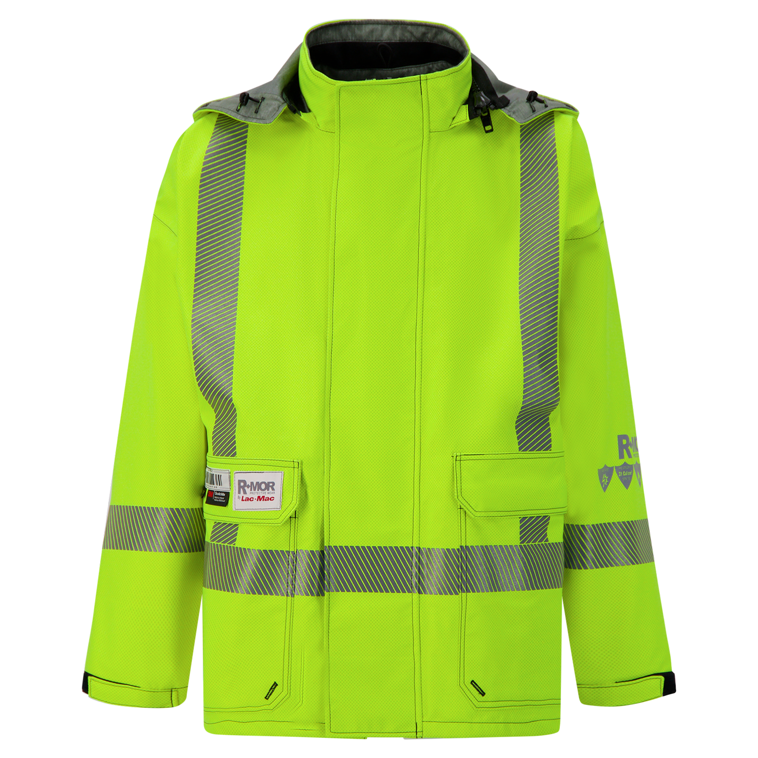 The Lac-Mac SAFE-T™ Style 707FEDG is a lighter weight, high-visibility FR/ARC rated jacket with CDN markings, featuring front pockets, hood, and identification patches on the chest and sleeves.