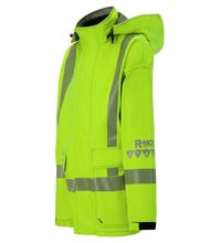 The Lac-Mac SAFE-T™ 707FEDG Jacket is a lighter-weight, high-visibility neon yellow FR/ARC-rated jacket with gray stripes, front pockets, hood, CDN markings, and the "R-MOR" logo on the sleeve, shown on a white background.