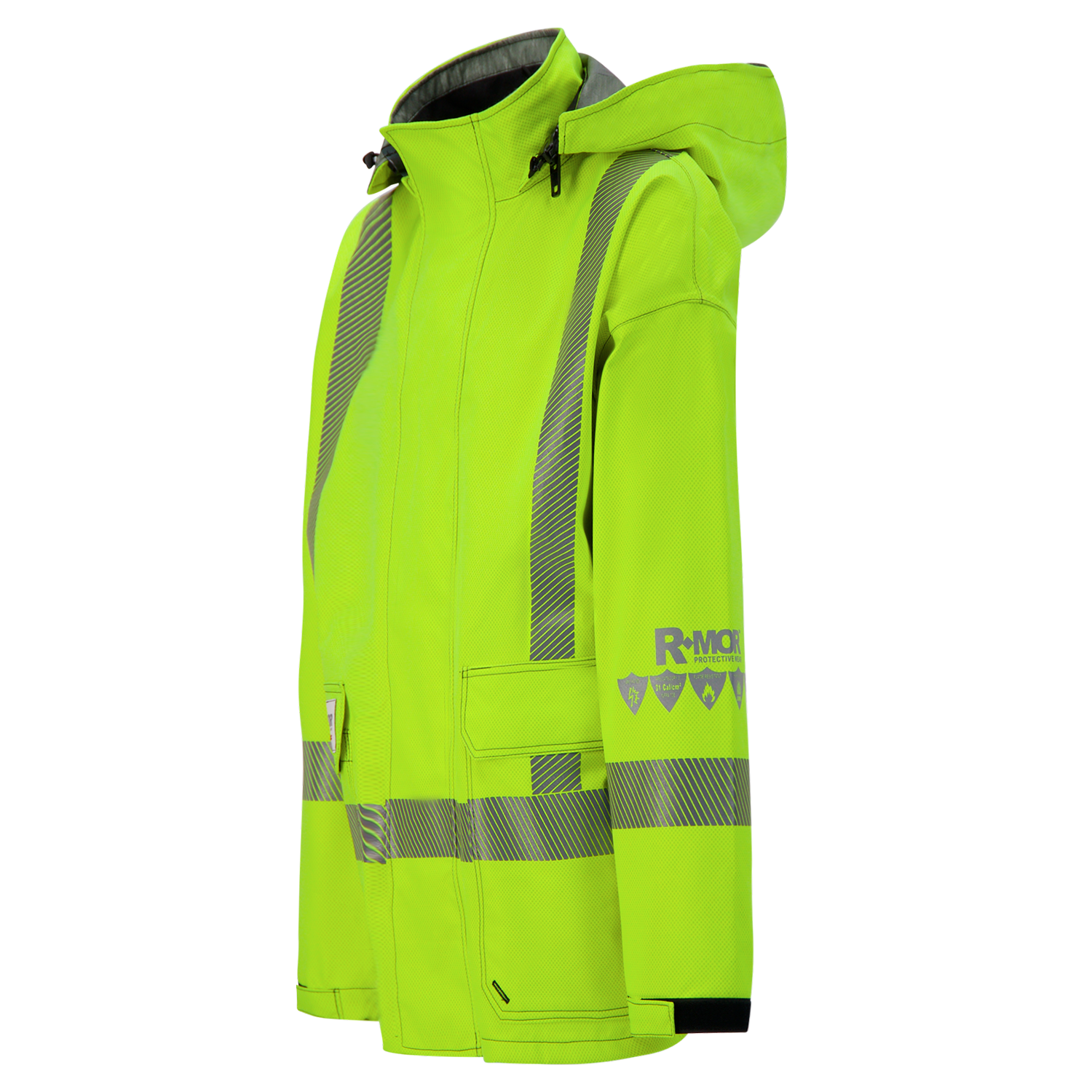 The Lac-Mac SAFE-T™ 707FEDG Jacket is a lighter-weight, high-visibility neon yellow FR/ARC-rated jacket with gray stripes, front pockets, hood, CDN markings, and the "R-MOR" logo on the sleeve, shown on a white background.