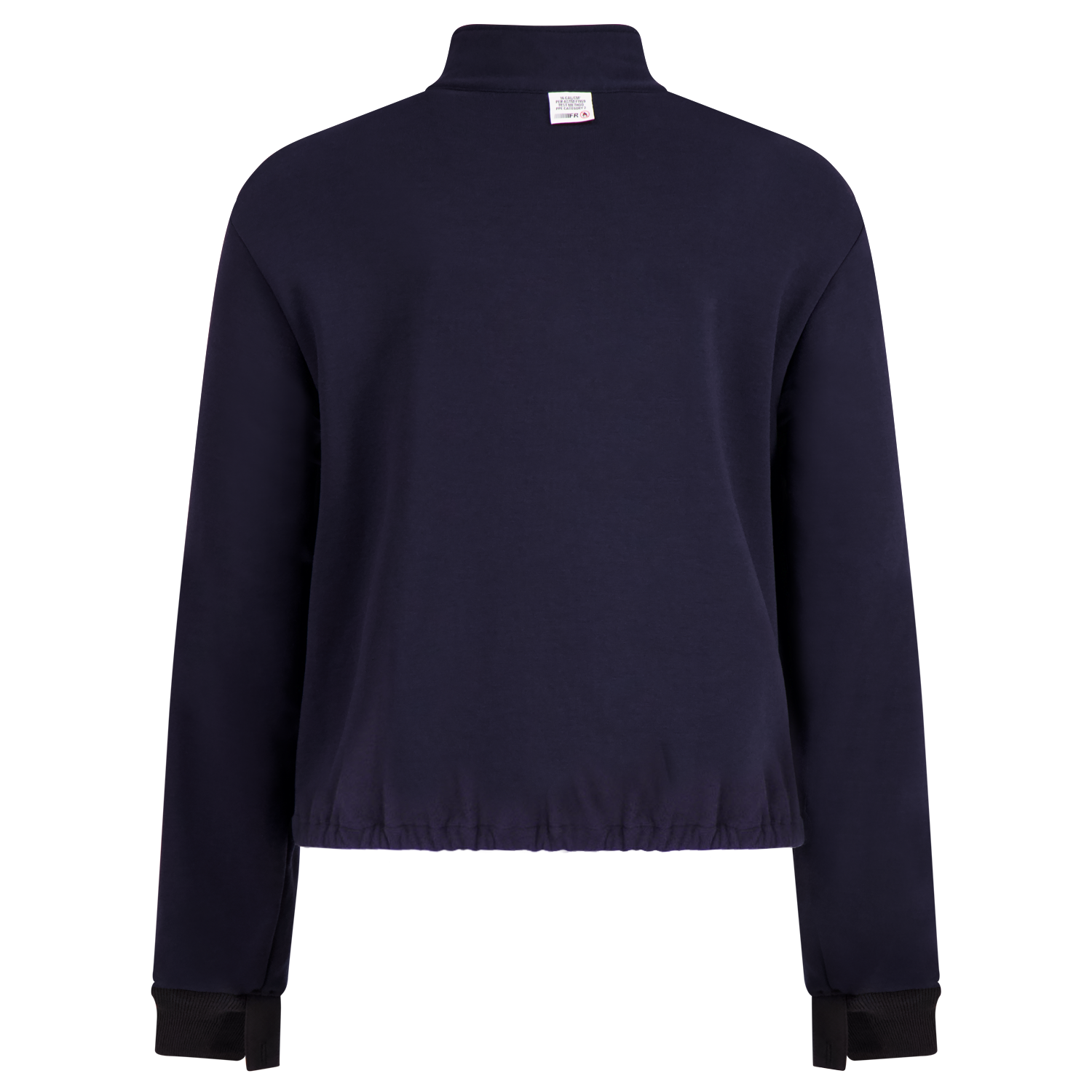 Rear view of a long-sleeved, dark blue sweatshirt with a high collar and ribbed cuffs. This Fleece Jacket Liner, Regular, Elastic Hem, 707FRAJ by Lac-Mac, Limited features visible seams and a fabric tag at the upper center back.