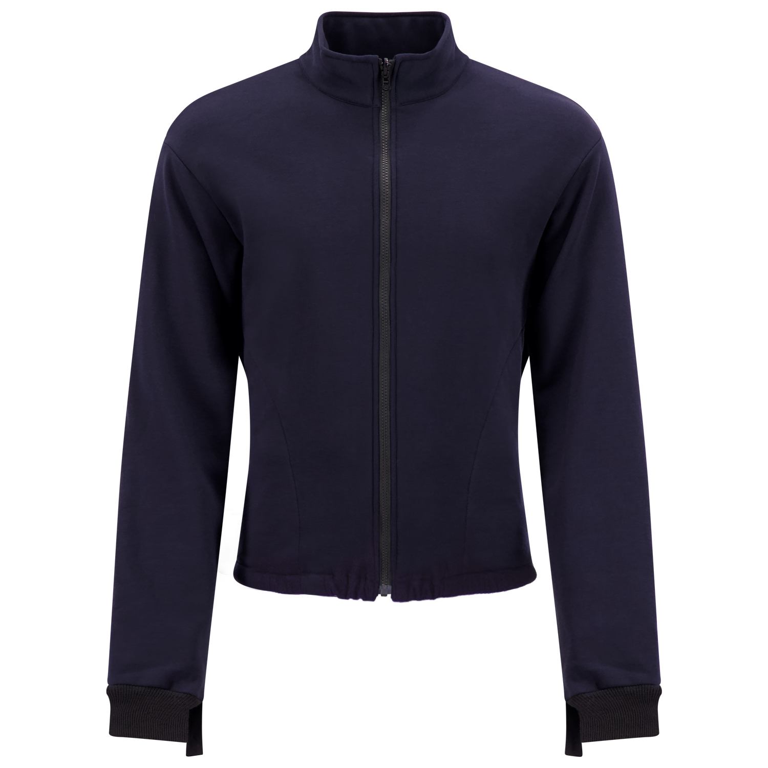 A navy blue zip-up Fleece Jacket Liner, Regular, Elastic Hem, 707FRAJ with a high collar, long sleeves, and ribbed cuffs. The jacket features a front zipper closure and an elastic hem, made from POLARTEC® WIND PRO®. It is displayed on a white mannequin torso.