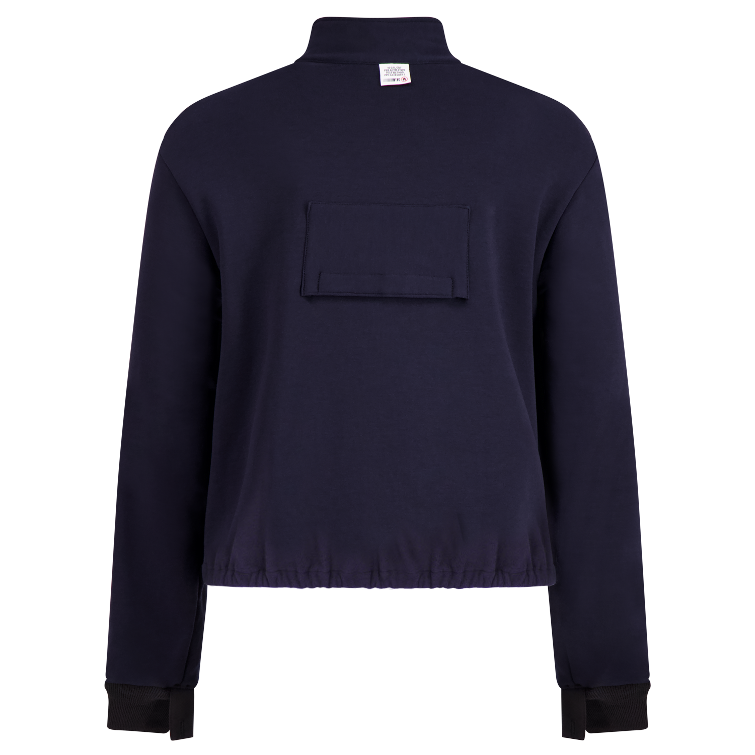A navy blue long-sleeve sweater with a high collar and a pocket on the back, designed as protective wear. The Lac-Mac, Limited Fleece Jacket Liner, Regular, D-Ring Access, Elastic Hem, 707FRBC features black cuffs, a waistband, and serves as a jacket liner. The bottom of a white garment is visible underneath the sweater.