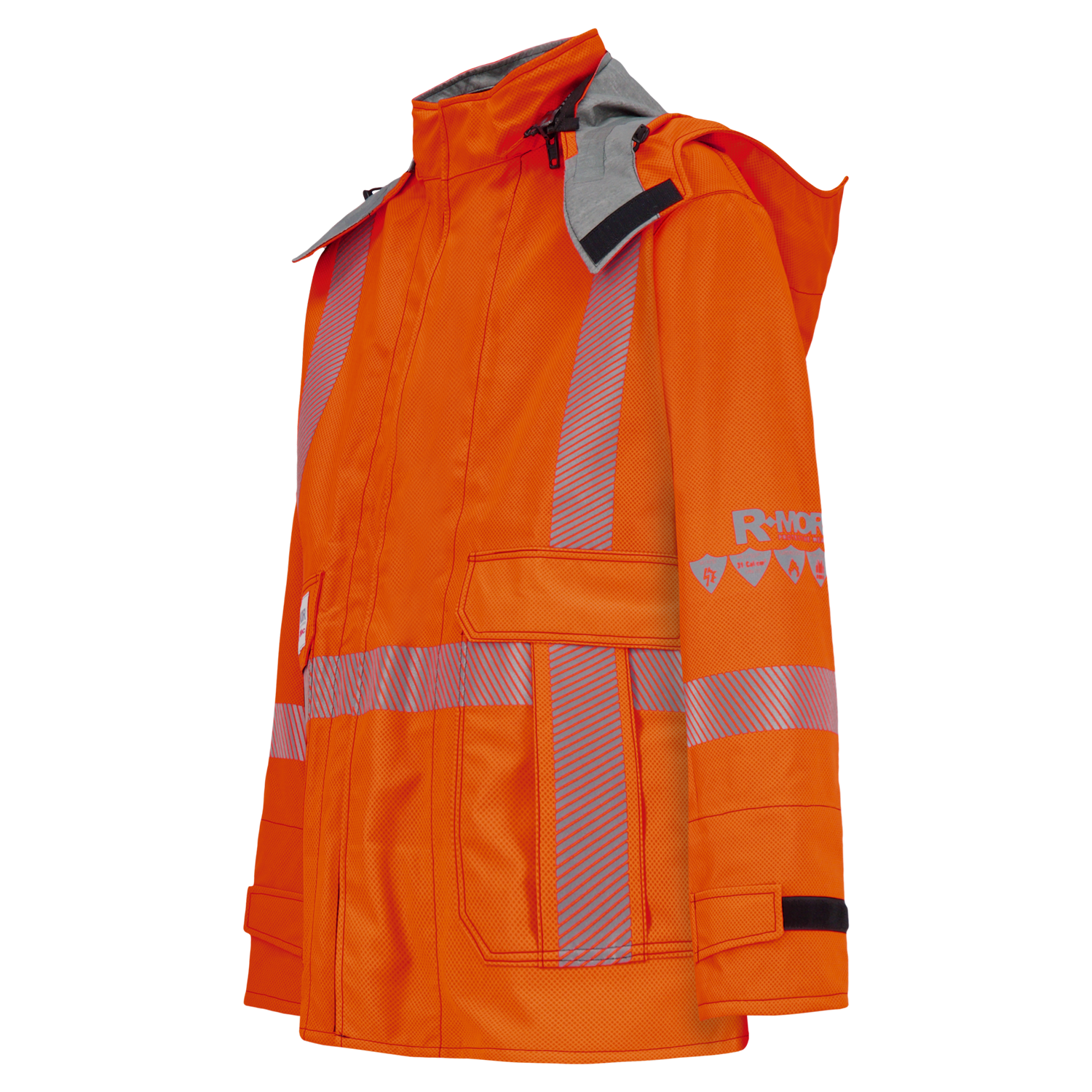 High-visibility orange protective jacket with reflective stripes, hood, and Gore-Tex Pyrad fabric, designed for safety in outdoor work environments.
Replaced Sentence:
The Lac-Mac Jacket, High-Visibility FR/ARC Rated, Canadian Markings, Women's Regular, 707FWAA features high-visibility orange color with reflective stripes and a hood. It is made from Gore-Tex Pyrad fabric and designed for safety in outdoor work environments.