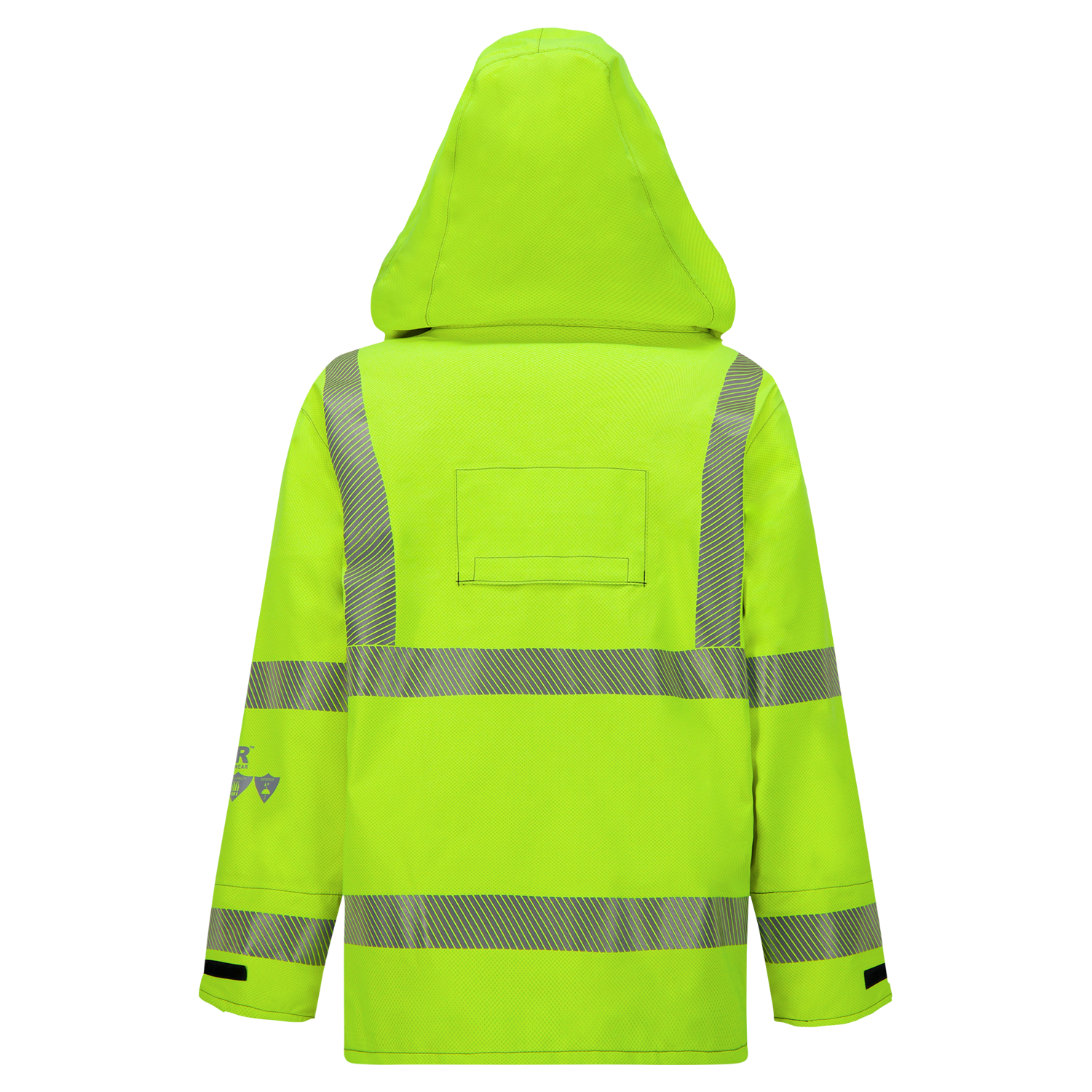 Back view of a neon green hooded safety jacket with reflective stripes, showing long sleeves, a small rectangular patch in the center of the back, and sleeve details. This high-visibility garment is not only stylish but also arc-flash rated for PPE Category 3 protection. The Jacket, High-Visibility FR/ARC Rated, US Markings, Women's Regular, 707FWAC from Lac-Mac, Limited offers top-notch protection and fashion-forward design.
