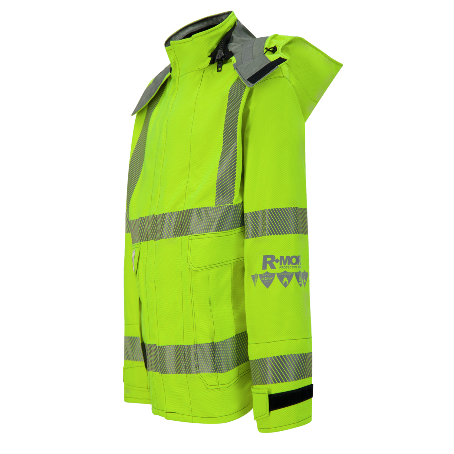 High-visibility neon yellow jacket with reflective gray stripes, multiple pockets, and a hood. PPE Category 3 certified and arc-flash rated for added protection. Logo "Lac-Mac, Limited" is printed on the left sleeve. Jacket, High-Visibility FR/ARC Rated, US Markings, Women's Regular, 707FWAC