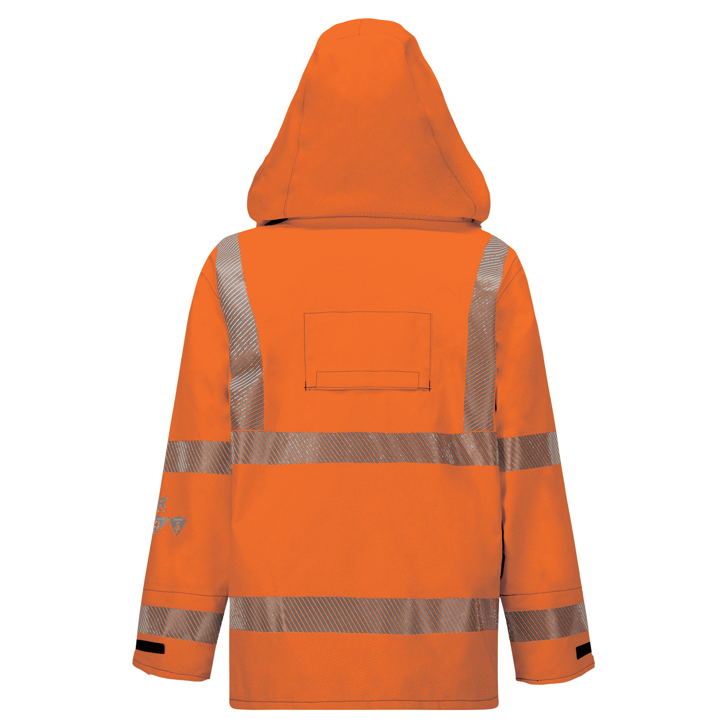 Back view of a Lac-Mac, Limited Jacket, High-Visibility FR/ARC Rated, US Markings, Women's Regular, 707FWAC in orange with reflective silver stripes and a central pocket, designed as women's protective wear.