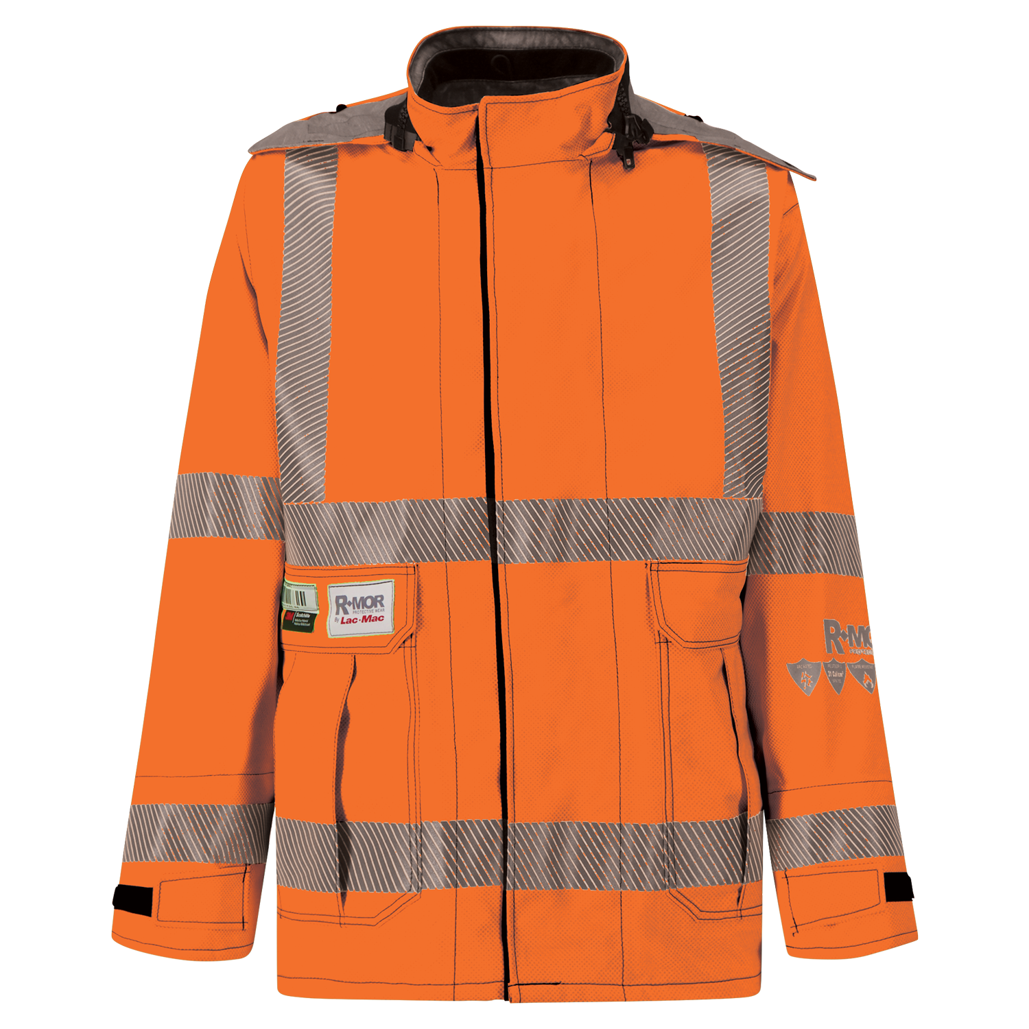 A Lac-Mac, Limited Jacket, High-Visibility FR/ARC Rated, US Markings, Women's Regular, 707FWAC with reflective stripes, front zipper, and multiple pockets, crafted from durable GORE-TEX PYRAD fabric for superior protection.