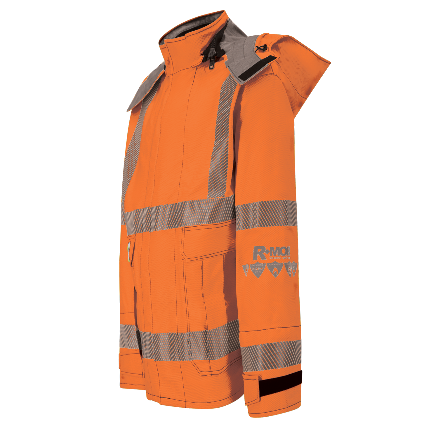 A high-visibility orange jacket with reflective strips across the chest, arms, and waist. Made from durable GORE-TEX PYRAD fabric, it features a hood, multiple pockets, is ARC-Flash rated for added safety, and proudly displays "R-MOR" on the left sleeve. The **Lac-Mac Limited Jacket**, **High-Visibility FR/ARC Rated**, **US Markings**, **Women's Regular**, **707FWAC** ensures top-tier protection and visibility in demanding environments.