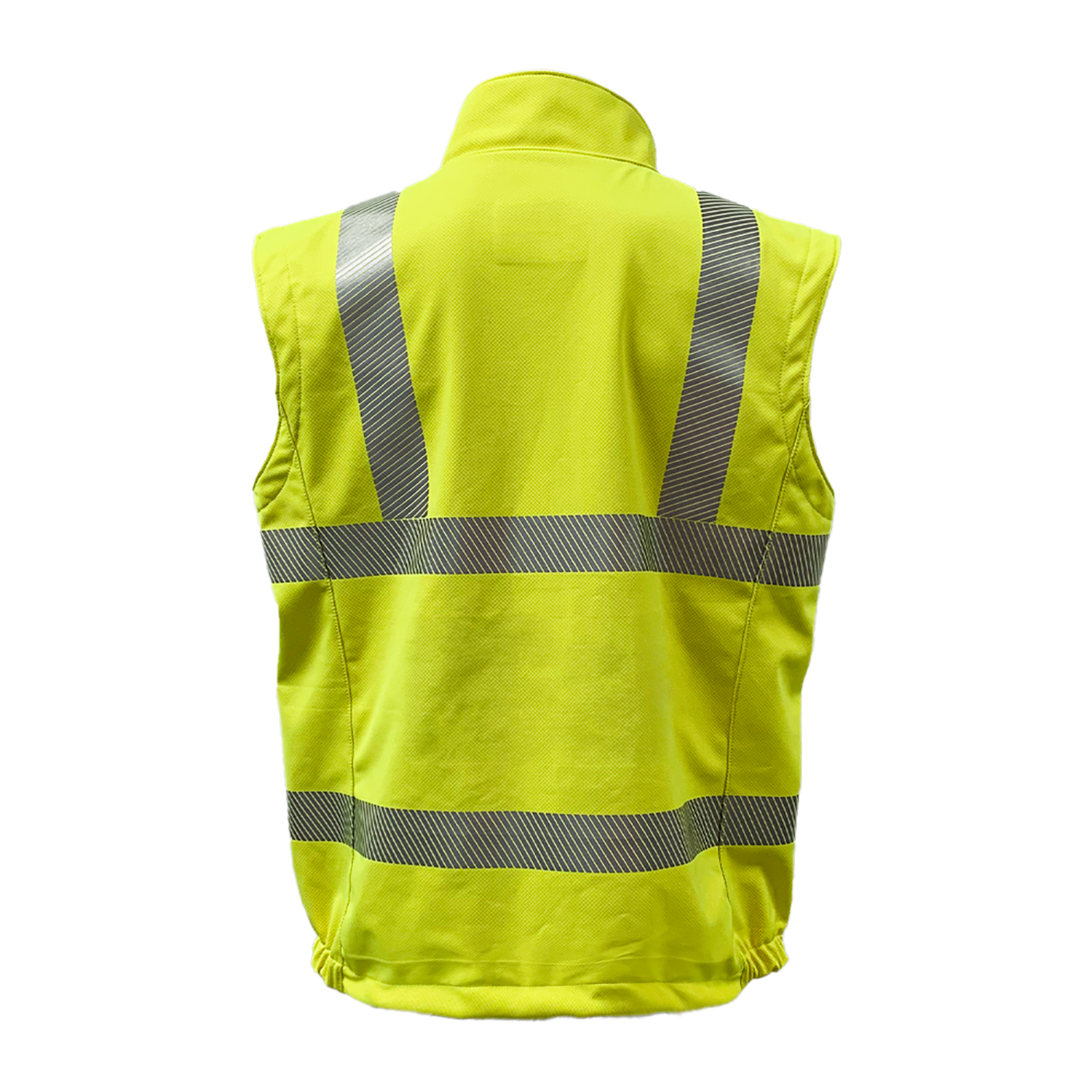 The Lac-Mac, Limited High-Vis Yellow Vest (707JV), made with PYRAD® WINDSTOPPER®, features reflective silver stripes and meets ANSI/ISEA 107 standards for maximum protection and visibility; shown from the back on a white background.