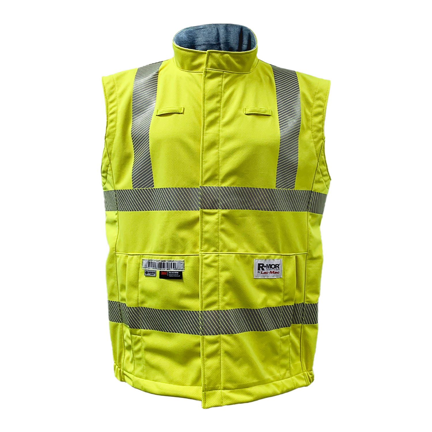 The Lac-Mac, Limited High-Vis Yellow Vest 707JV, crafted with PYRAD® WINDSTOPPER®, features reflective gray stripes and multiple pockets. ANSI/ISEA 107 compliant, it ensures reliable protection in any work environment.