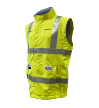 The Lac-Mac Limited High-Vis Yellow Vest, model 707JV, made with PYRAD® WINDSTOPPER®, is a sleeveless ANSI/ISEA 107 compliant flame resistant safety vest with reflective stripes and front pockets, shown on a white background.