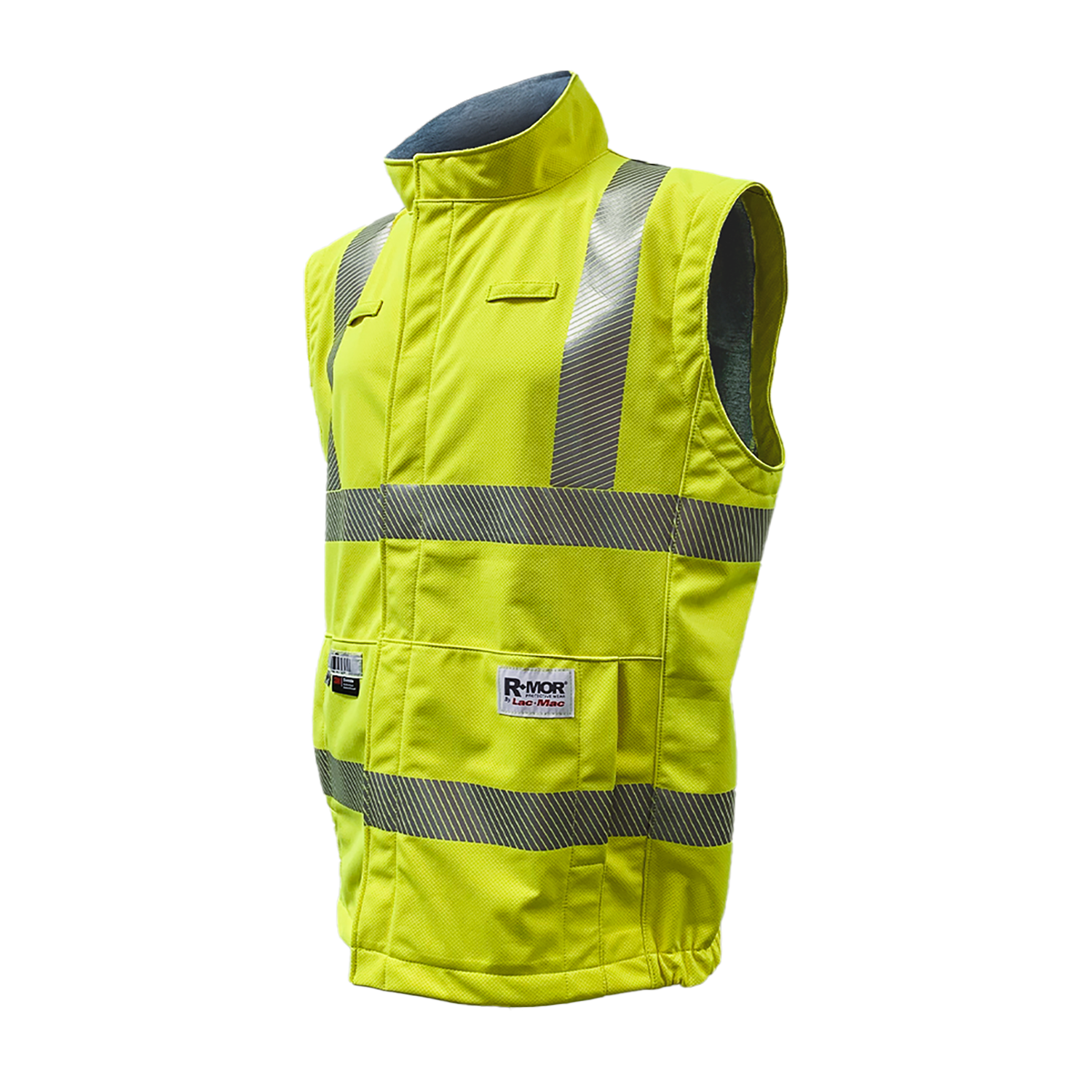 The Lac-Mac Limited High-Vis Yellow Vest, model 707JV, made with PYRAD® WINDSTOPPER®, is a sleeveless ANSI/ISEA 107 compliant flame resistant safety vest with reflective stripes and front pockets, shown on a white background.