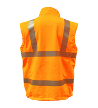 The Lac-Mac High-Vis Orange Vest made with PYRAD® WINDSTOPPER®, 707JV, features reflective silver stripes and is ANSI/ISEA 107 compliant, shown from the back against a plain white background.
