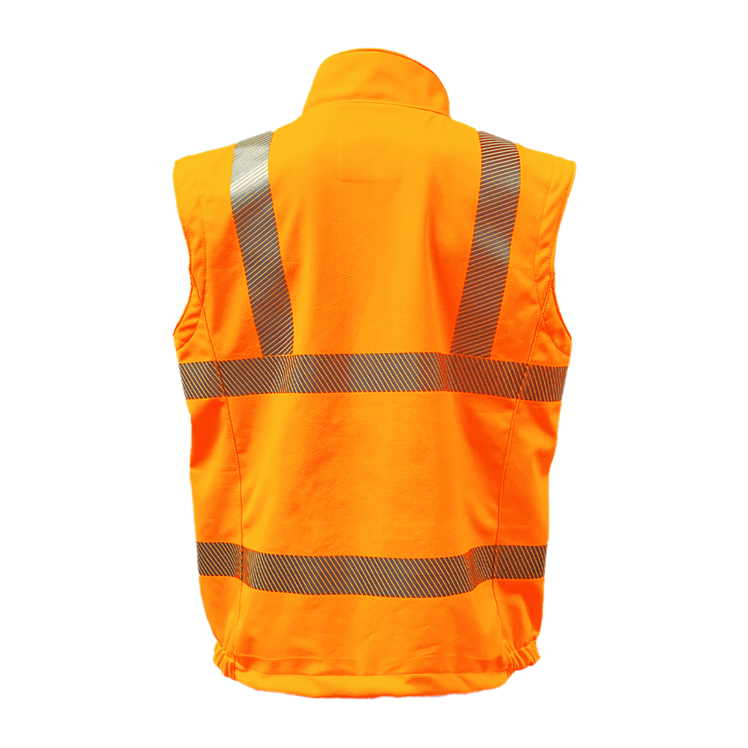 The Lac-Mac High-Vis Orange Vest made with PYRAD® WINDSTOPPER®, 707JV, features reflective silver stripes and is ANSI/ISEA 107 compliant, shown from the back against a plain white background.