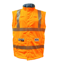 The Lac-Mac High-Vis Orange Vest (707JV) made with PYRAD® WINDSTOPPER® features reflective stripes, front pockets, a stand-up collar, and sleeveless design. ANSI/ISEA 107 compliant, it's shown on a white background.