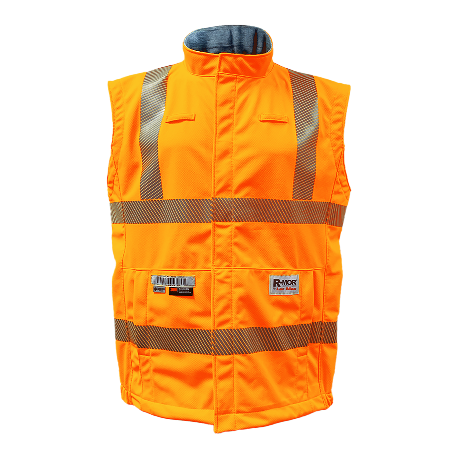 The Lac-Mac High-Vis Orange Vest (707JV) made with PYRAD® WINDSTOPPER® features reflective stripes, front pockets, a stand-up collar, and sleeveless design. ANSI/ISEA 107 compliant, it's shown on a white background.