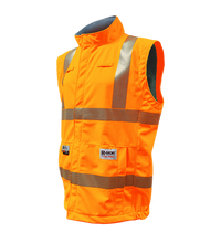 The Lac-Mac High-Vis Orange Vest made with PYRAD® WINDSTOPPER® (707JV) features a sleeveless design, front pockets, reflective stripes, and a lower front label; it is flame resistant and ANSI/ISEA 107 compliant for workplace safety.
