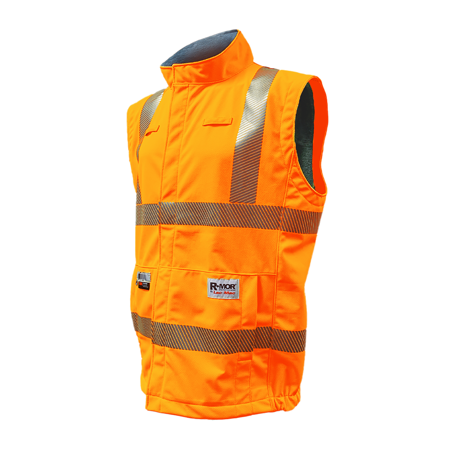The Lac-Mac High-Vis Orange Vest made with PYRAD® WINDSTOPPER® (707JV) features a sleeveless design, front pockets, reflective stripes, and a lower front label; it is flame resistant and ANSI/ISEA 107 compliant for workplace safety.