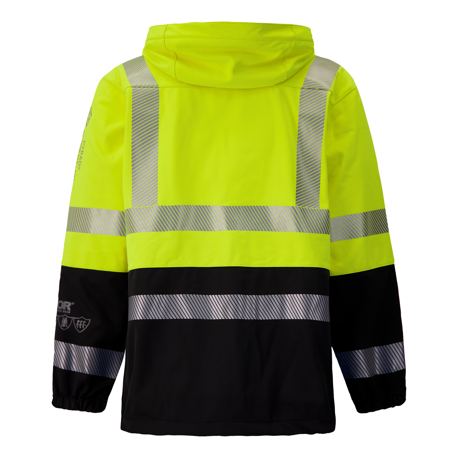 The Lac-Mac Colour Block High-Vis Yellow/Black Jacket (707JX-AA), made with PYRAD® WINDSTOPPER® by GORE-TEX Labs, features reflective silver stripes and is shown from the back against a plain background.