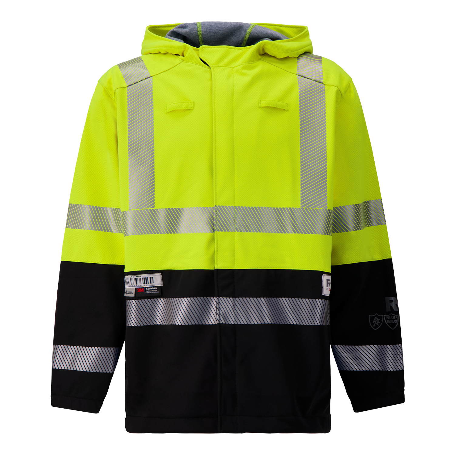 The Lac-Mac Colour Block High-Vis Yellow/Black Jacket, made with PYRAD® WINDSTOPPER® by GORE-TEX Labs (707JX-AA), features reflective silver stripes, a hood, and front zipper, shown on a plain background.
